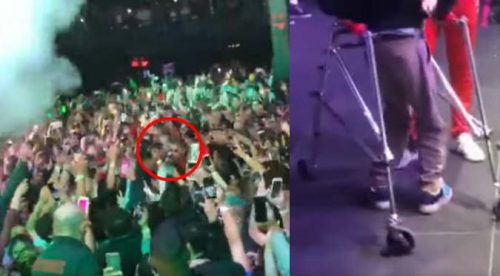 Bad Bunny se tira al público y ayuda a subir a fan inválido (VIDEO)