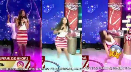 Jazmín Pinedo se cayó en pleno programa en vivo (VIDEO)