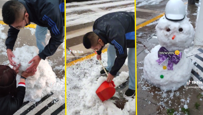 Peruanos aprovechan para armar inusual «muñeco de nieve» tras el repentino granizo de Huancayo | VIDEO