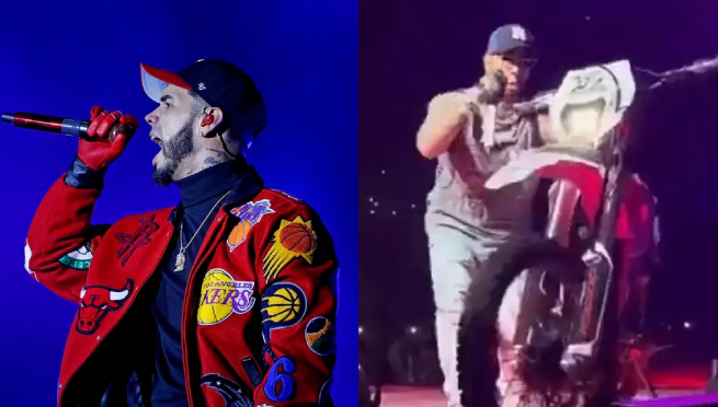 ¡Qué susto! Anuel AA pierde control de su moto en concierto y casi impacta al público