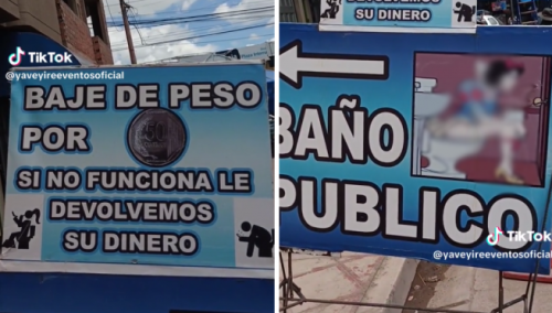 Captan curioso anuncio de baño público y se vuelve viral en redes: “Baje de peso por 50 céntimos”