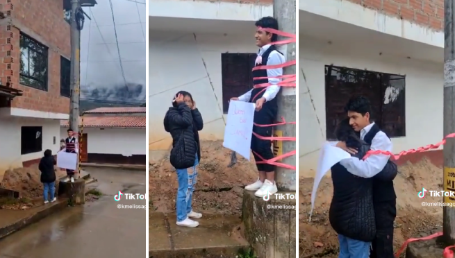 ¡El real amarre! Joven se ata a un poste de luz para declarar su amor | VIDEO