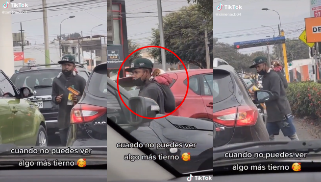 ¡Lo protege! Peruano lleva a su perrito en la espalda mientras limpias lunas de carros | VIDEO