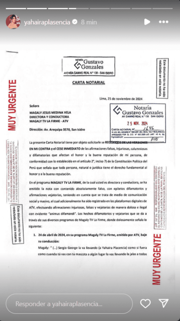 Carta notarial de Yahaira Plasencia a Magaly Medina | Fuente: Instagram