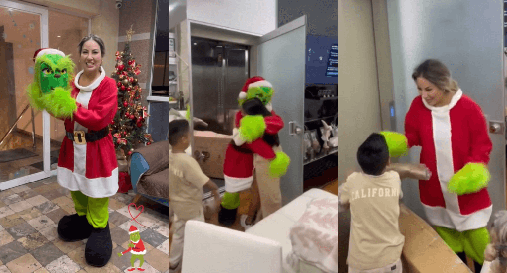 Pamela López se viste de Grinch para sorprender a sus hijos: “No es papá, es mamá”